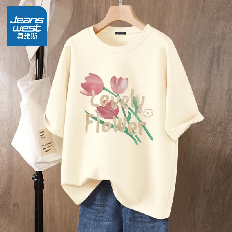

Women Watercolor Flowers Printed Tops Summer Pure Cotton Short Sleeve O-neck Loose Pullover Lady Basics Casual M-6XL Tee Shirt