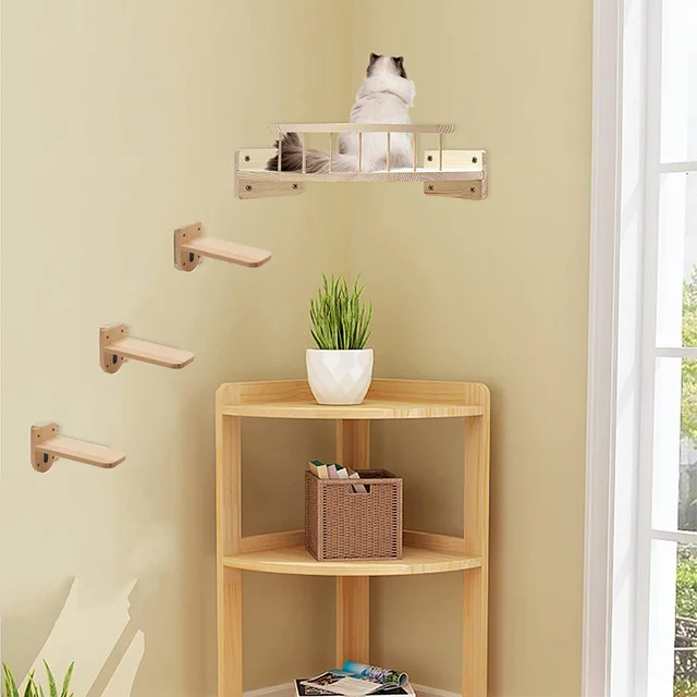 4 Pieces Cat Wall Mounted Shelves Set Corner Observation Platform with Small Jumping Platform for Kitten Climbing and Sleeping 2