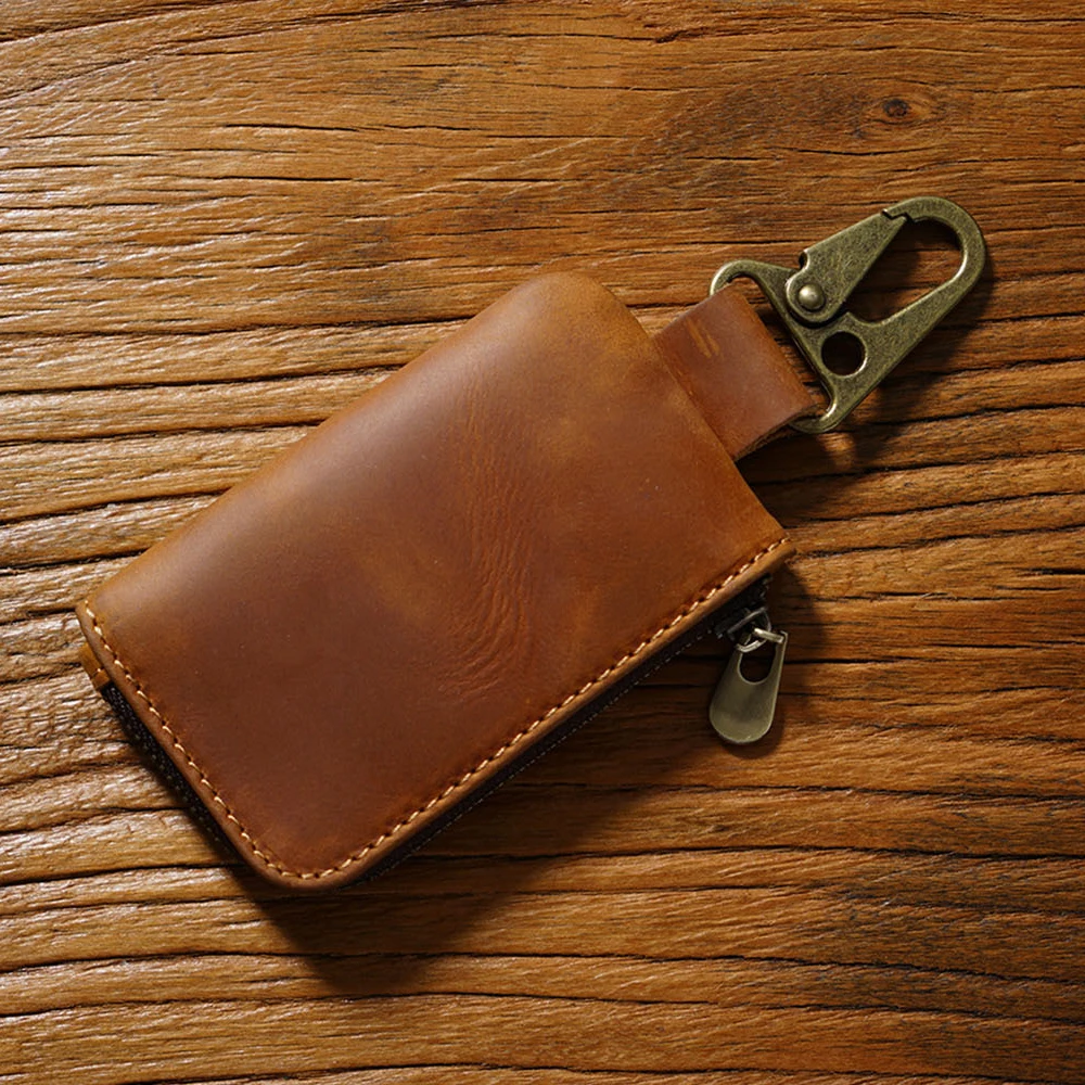 Versatile Leather Coin Purse with Keychain & Carabiner Hook