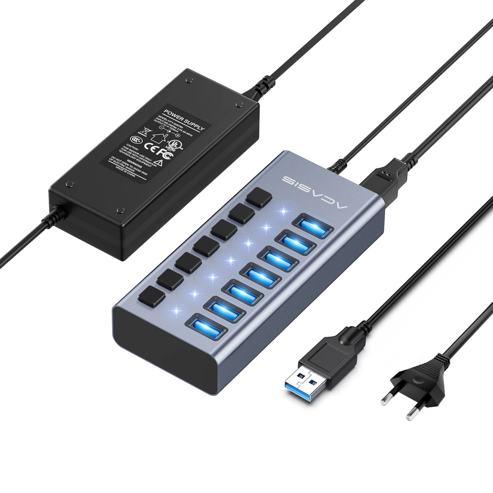 Hub USB 3.1 Acasis 16/10/7 portów Rozdzielacz Transfer Danych Ładowanie Indywidualne Przełączniki Lampki Kontrolne Do Klawiatury Myszki Drukarki