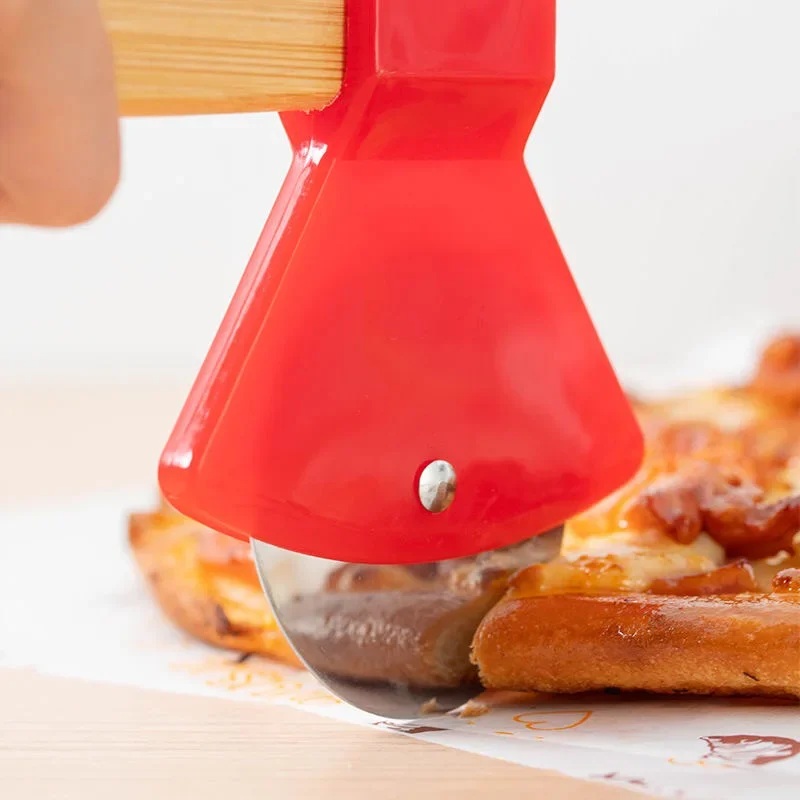 Pizza Cutter Stainless Steel Roller Pizza Cutter Wooden Handle Axe Shape Sharp Blade Quick Cut Accessories Baking Tools