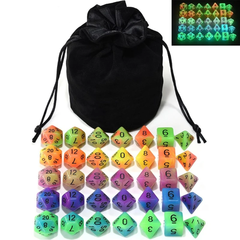 

35PCS/set Two-color Luminous Game Dice Entertainment Acrylic Polyhedron Digital Dice Set Multi-Color Digital Dice with Black Bag