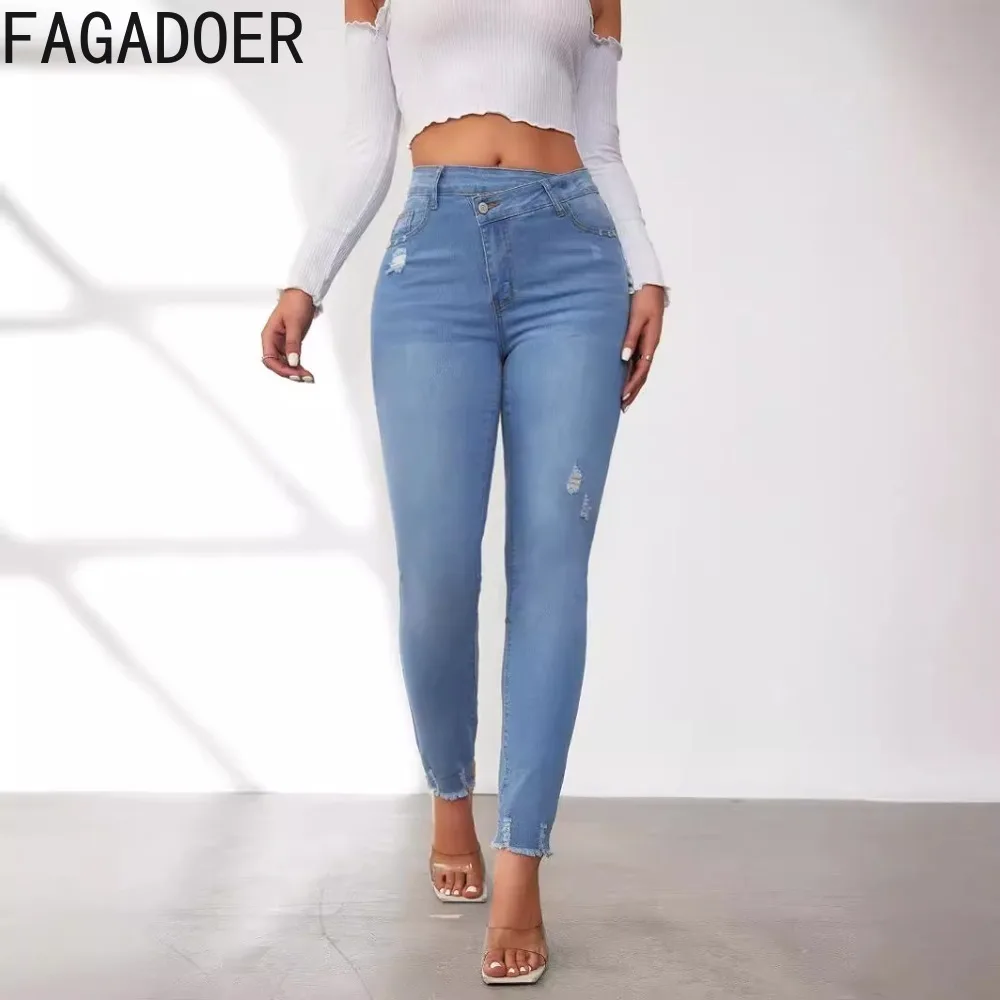 FAGADOER Blue Fashion Elasticity Denim Skinny Pencil Pants Women High Waisted Button Pocket Jean Trousers Female Cowboy Bottoms