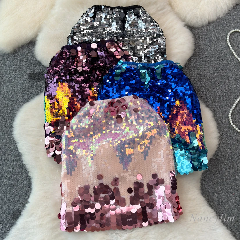 2024 Summer New Hot Girl Style Heavy Industry Sequin High Waist Hip Skirt for Women Shiny Slimming Mini Skirt Y2k Skirt