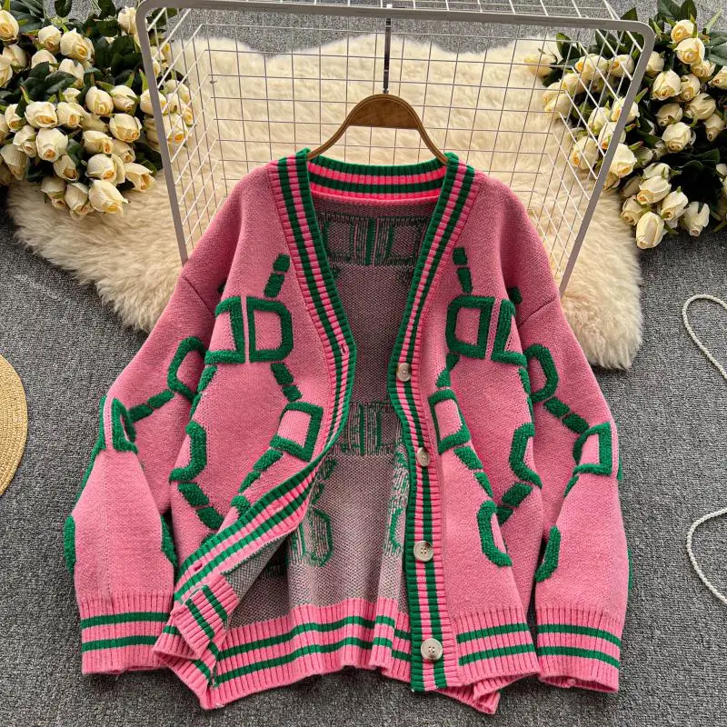

Cardigan Sweaters Women Striped Pink V-neck Loose Casual Autumn Winter 2022 Fashion Single Breasting Knitted Coat Women Clothes