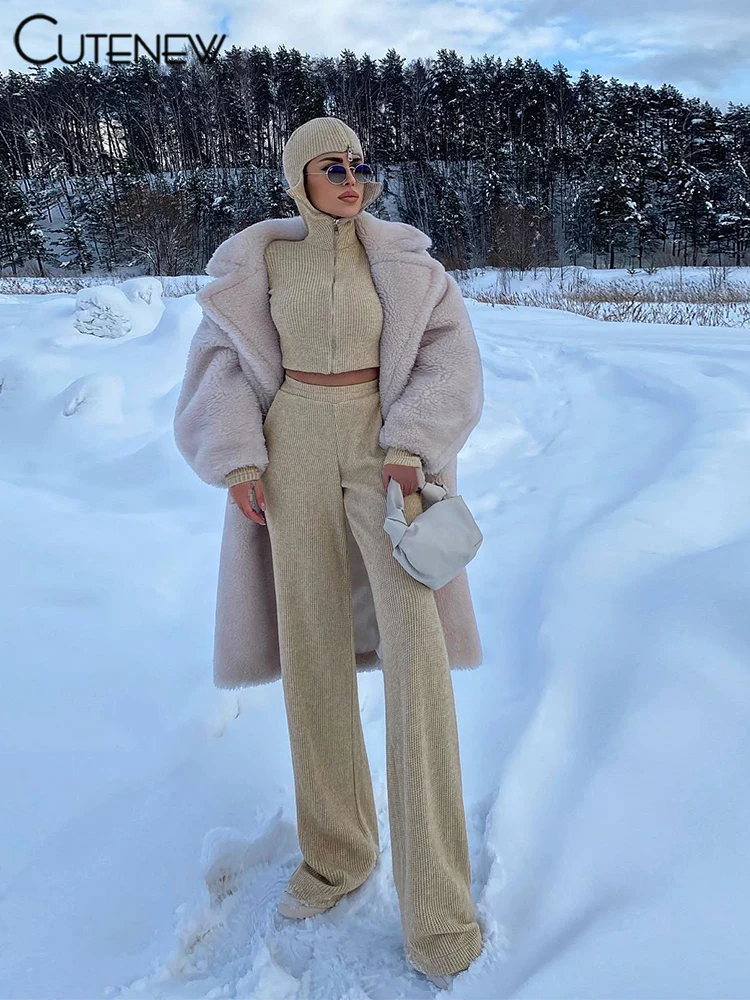 Classic Sporty Women 2Piece Set Concise Autumn Tracksuits Solid Hooded Zip-up Crop Tops+Matching Pants Female Knit Suits