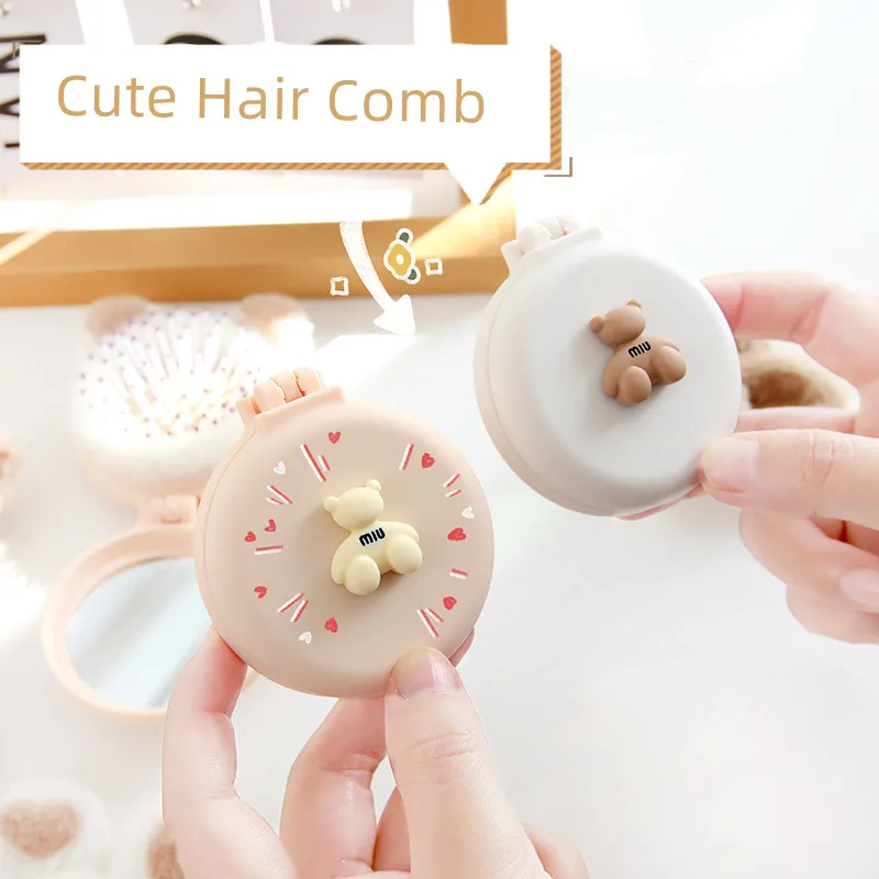 Cute Cartoon Bear Hair Combs with Mirror for Kids Small Portable Massage Comb and Hair Tie Set for Girls