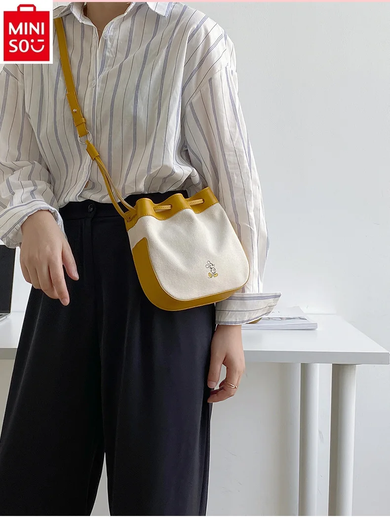 MINISO Disney Fashion High Quality Canvas Drawstring Phone Bag for Women's Casual Large Capacity Storage Crossbody Bag