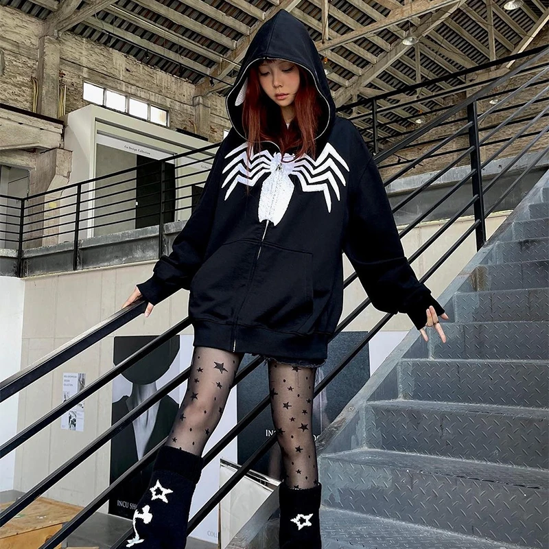 

Black Spider Foam hoodie sweatshirt zipper warm Harajuku punk grunge y2k clothing women Hip hop sweatshirt Hoodie interesting