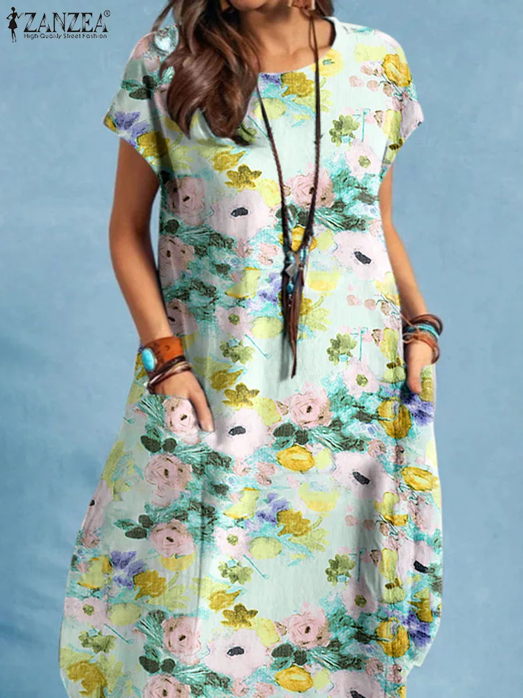 

ZANZEA Women Bohemian Floral Printed Sundress Fashion Summer O Neck Short Sleeve Dress 2023 Casual Loose Beach Vestido Oversize