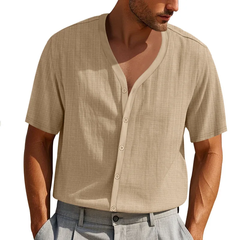 Mens Linen V Neck Short Sleeve Summer Business Shirts