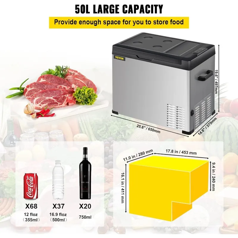 VEVOR 12 Volt Refrigerator Portable Refrigerator (-4℉~68℉) With APP Control Car Compressor Fridge Cooler 12V/24V DC and 53Quart