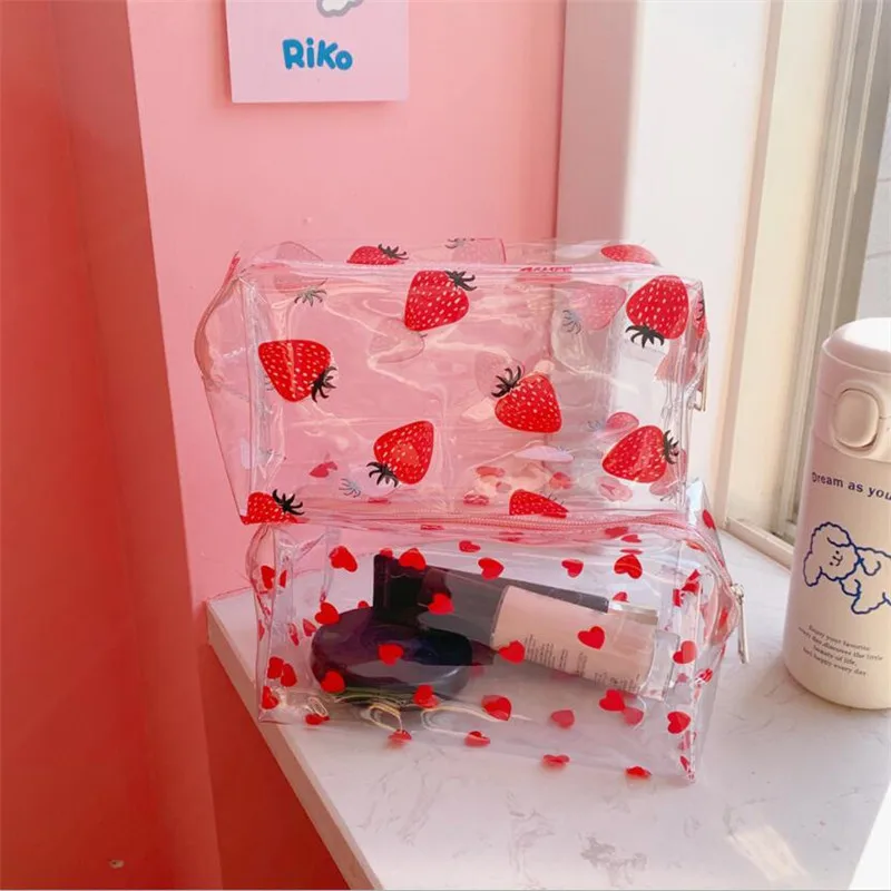 Clear Makeup Bag Fashion Transparent Travel Portable Mini Wash Storage Bags Strawberry Flower Print Women Zipper Cosmetic Bag 5