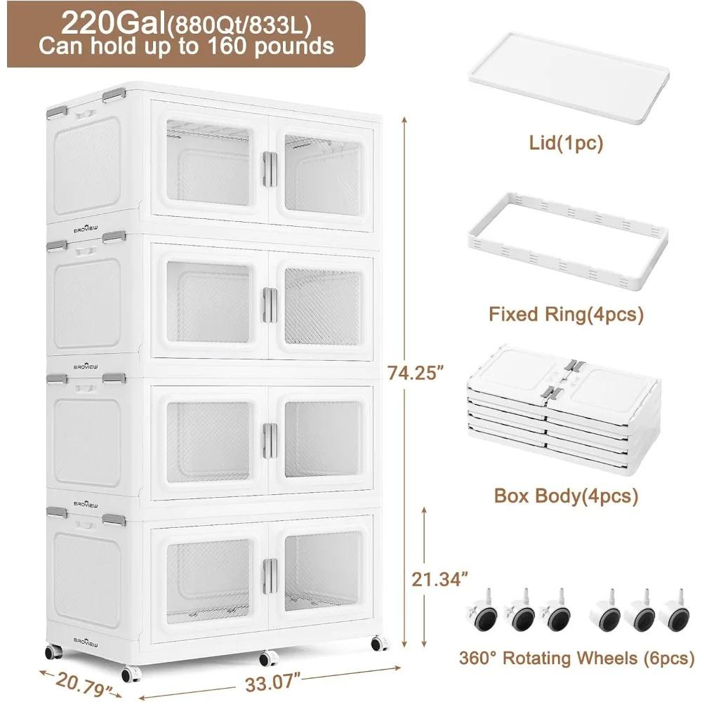 220Gal Extra Large Storage Bins with Lid, 880Qt Plastic Stackable Storage Bins with Wheels, Collapsible Closet Organizer 2