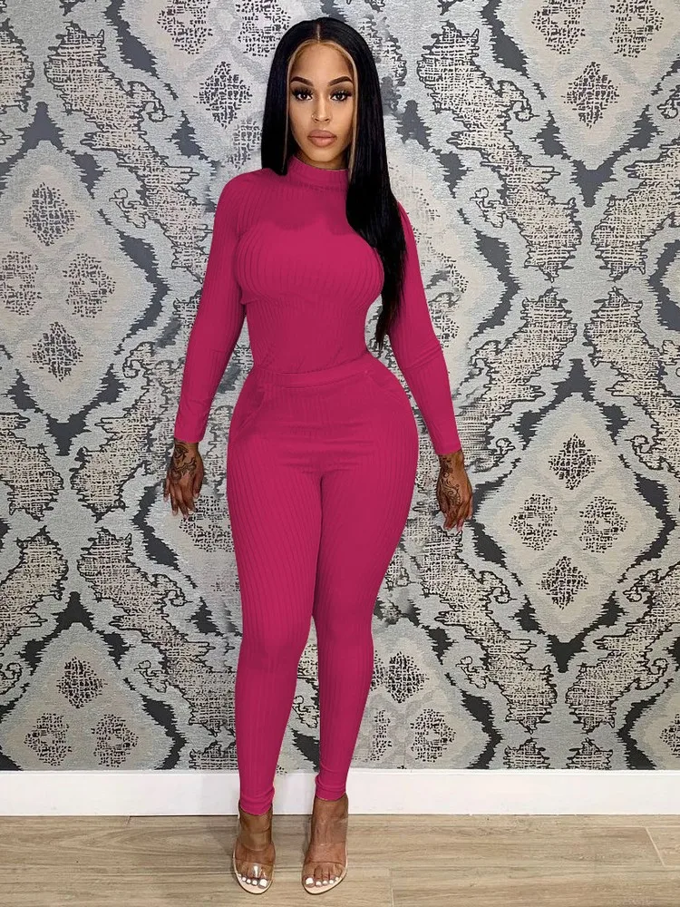 

Solid Color Ribbed 2 Piece Outfits Casual Lounge Sets For Ladies High Neck Short Top + Empire Waist Leggings Suits Matching Sets