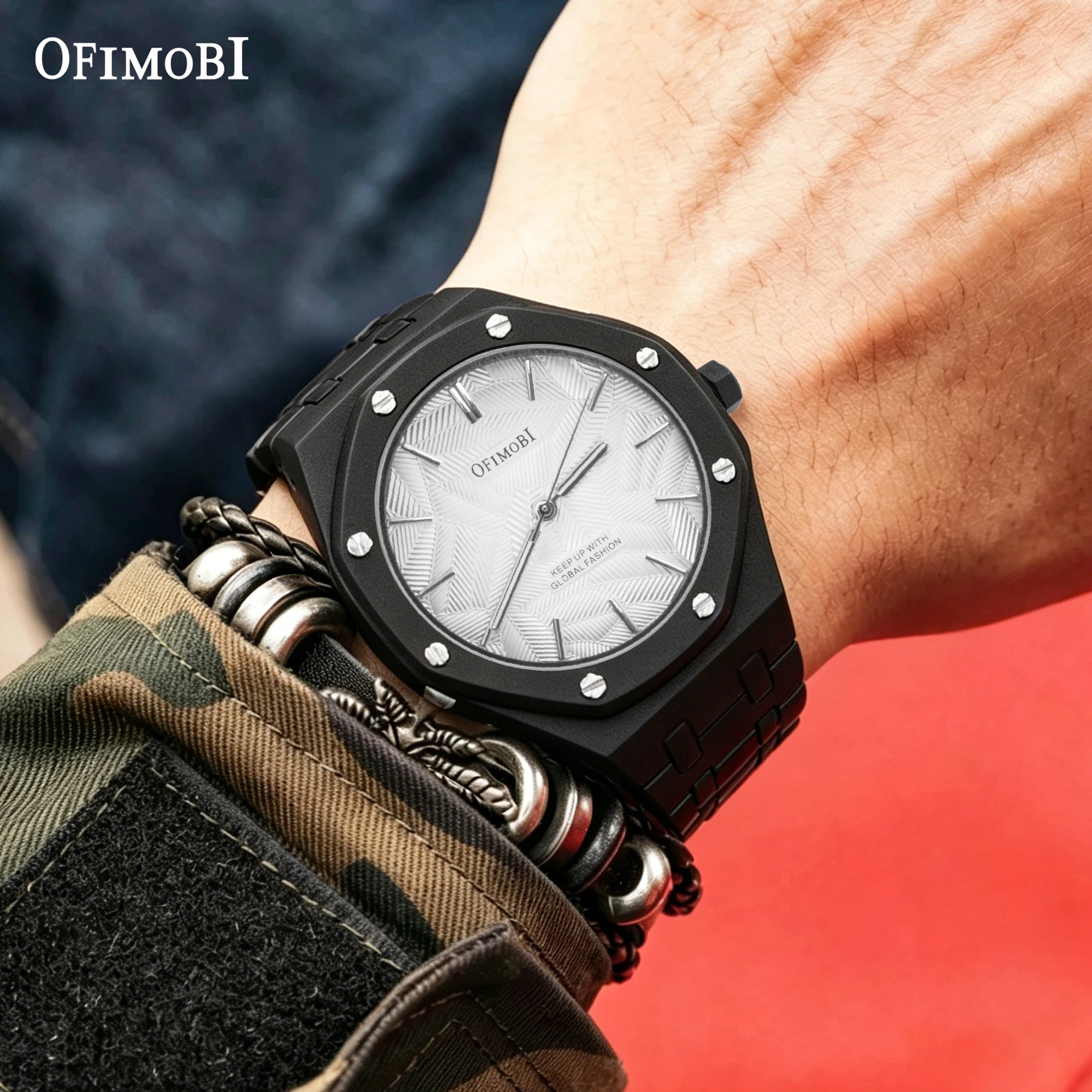 Men's Octagonal Watch with Textured Dial and ABS Band - 43.3mm, 30M Waterproof, Casual Style
