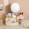 Makeup Storage Box With Mirror Desktop Dressing Table Makeup Mirror Cosmetics Jewelry Storage Box Touch Light Storage Organizer 4