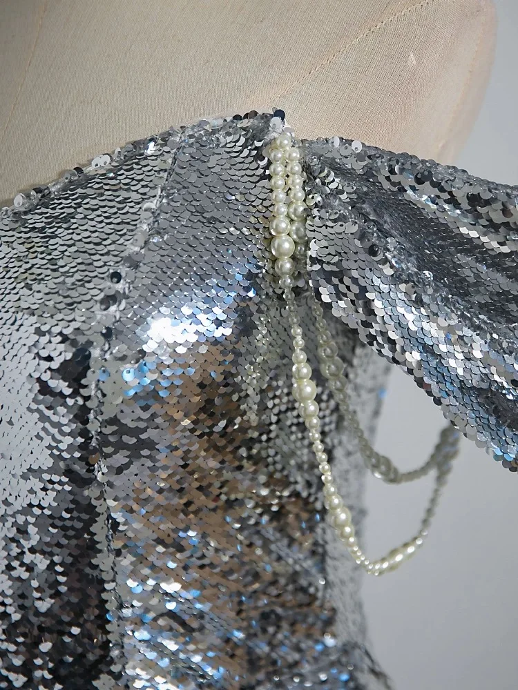 Silver Sequin Mermaid Evening Dress for Women Sexy Off The Shoulder Bow Beading Backless Fishtail Formal Celebrity Party Gowns