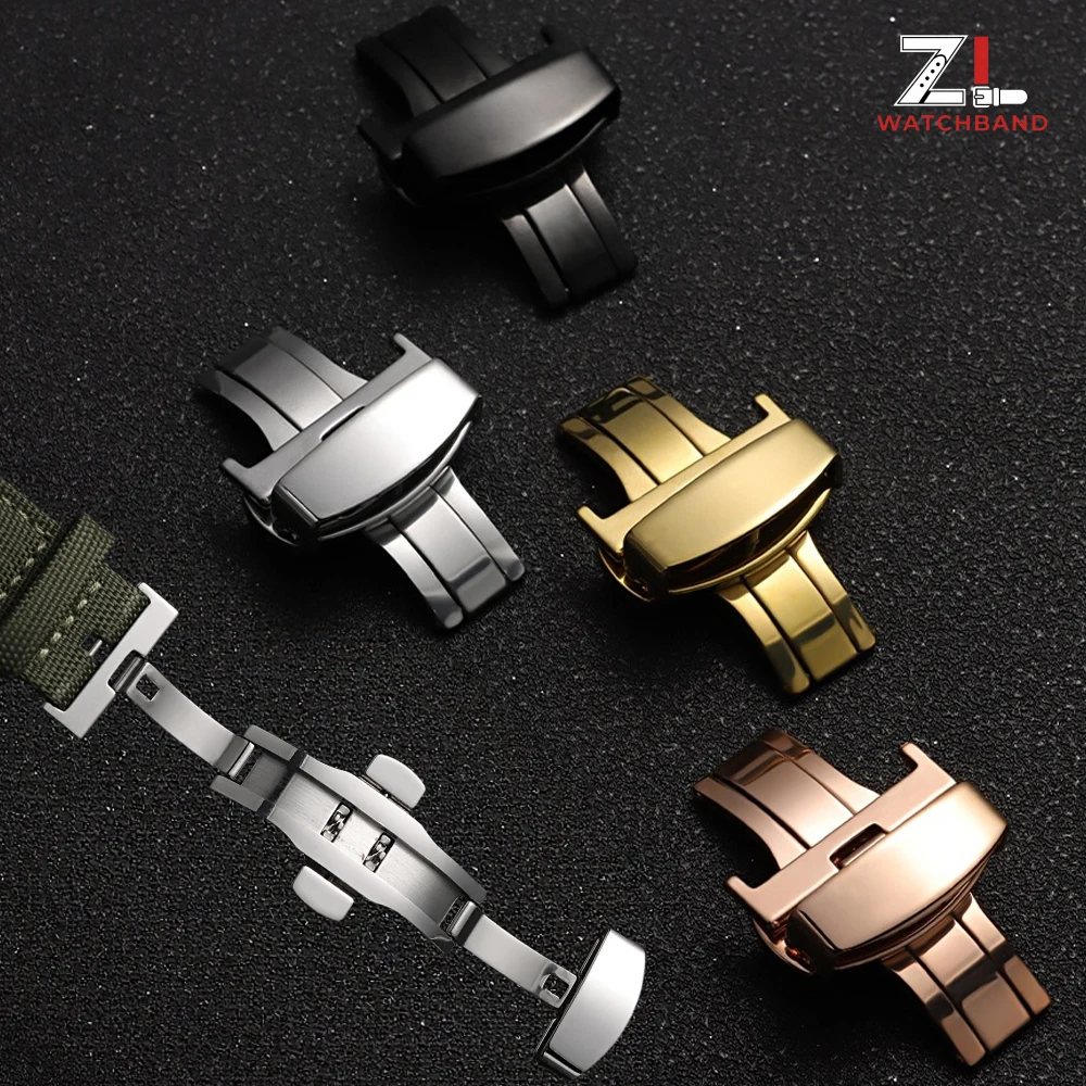 Elegant Stainless Steel Butterfly Clasp Watch Band Strap with Double Click Deployment - Various Sizes Available