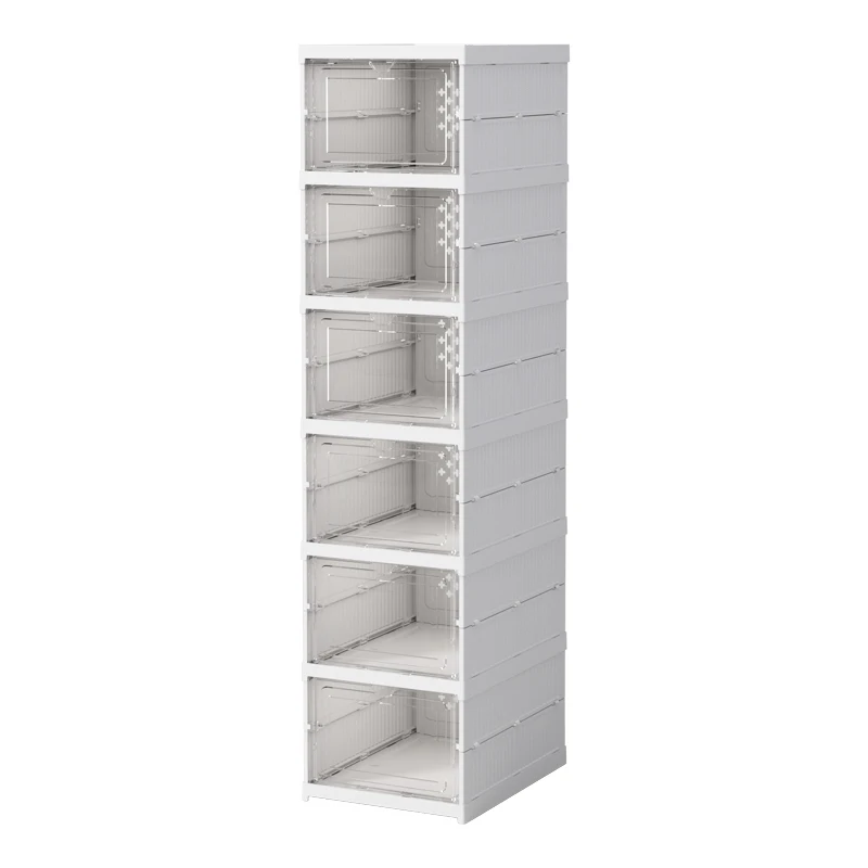 6 Door White Plastic Folding Shoe Box Stackable Free Standing Shoe Rack Resistant to Heavy Pressure Breathable Visible Box.
