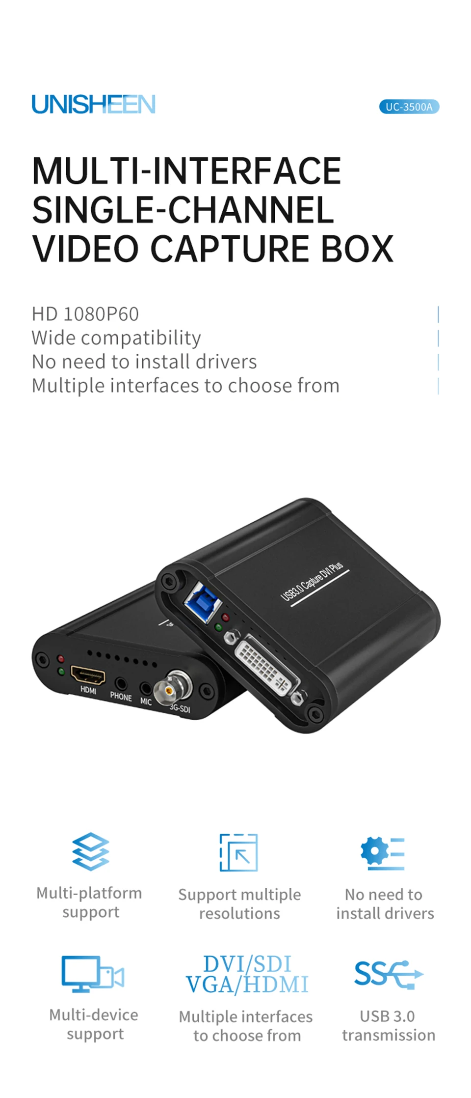 Multi Port VIDEO CAPTURE Box Free Driver No Lag Gaming Streaming USB 60FPS SDI H