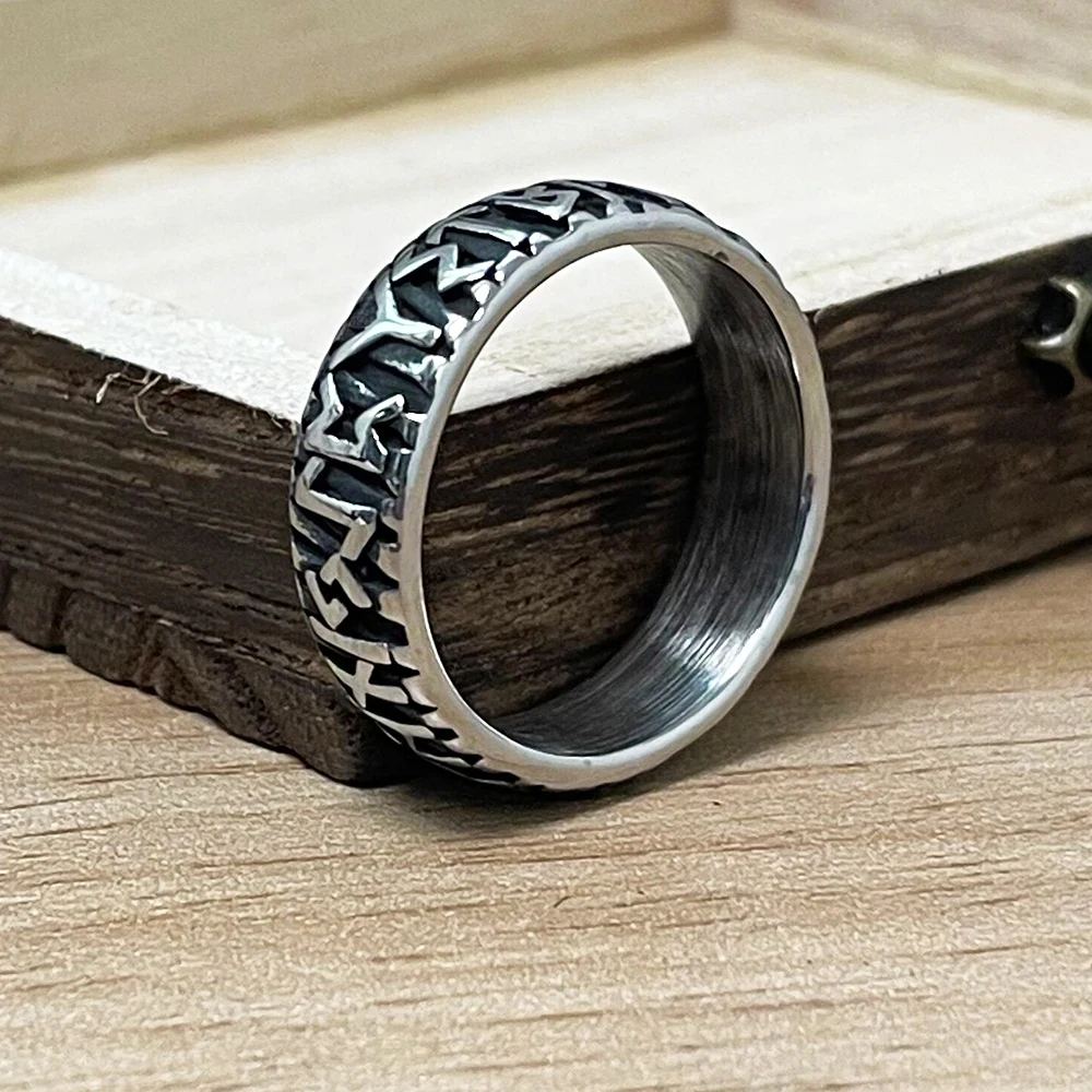 Anillos Vikingos Precios Anillo Acero Inoxidable 316L - Diseño Símbolo Vikingo Alemán - 6mm Ancho - Color Plateado Envejecido Anillo Hombre Plateado