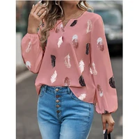 Mode femme Blouse chemises pour femmes haut élégant à manches longues motif de plumes femmes hauts élégant en mousseline de soie Mujer femme vêtements 1