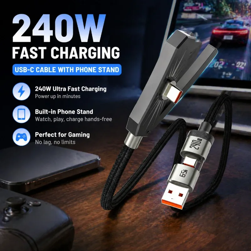 240W 고속 충전 USB-C 케이블 (아이폰 17, 태블릿 게임용 폰 거치대 포함..