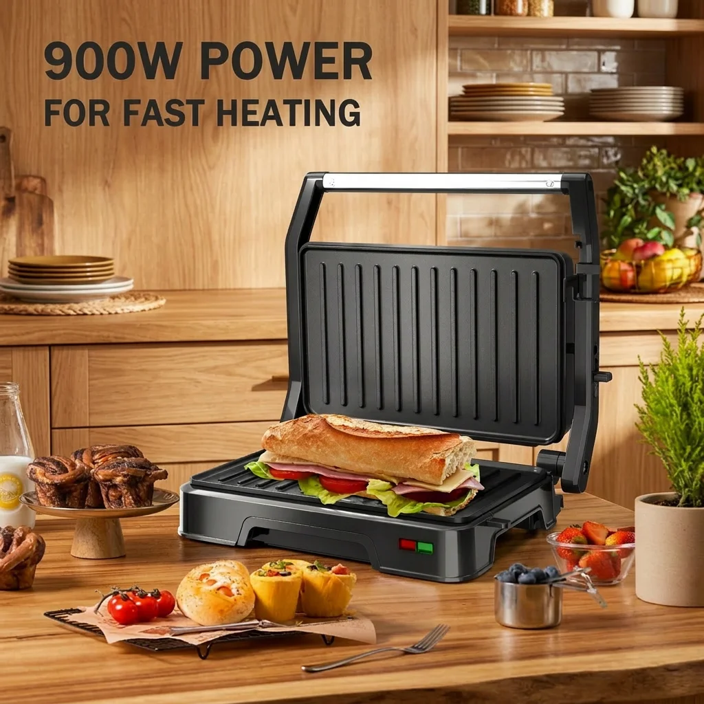 Panini Grill Press - 2-Slice, 180° Opening, Non-Stick Stainless Steel Plates for Versatile Grilling, Toasting, and Cooking, 900W 3