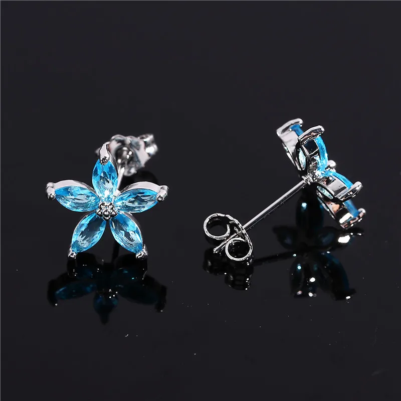Cute Female Blue Zircon Stars Stud Earrings Multicolor Birthstone Crystal Silver Color Wedding Jewelry For Women