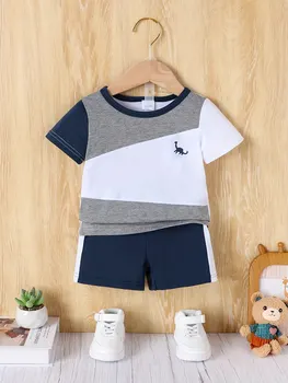 2-Piece Baby Boy Summer Leisure Sports Outdoor Breathable Comfort Color Patchwork Short Sleeve Shorts Set Small Dinosaur Pattern 1