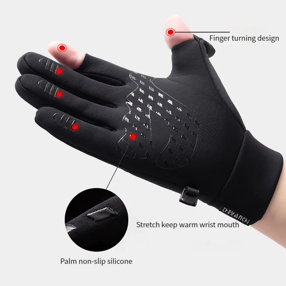 GTUBIKE Winter Fishing Gloves 2 Finger Flip Waterproof Windproof Warm