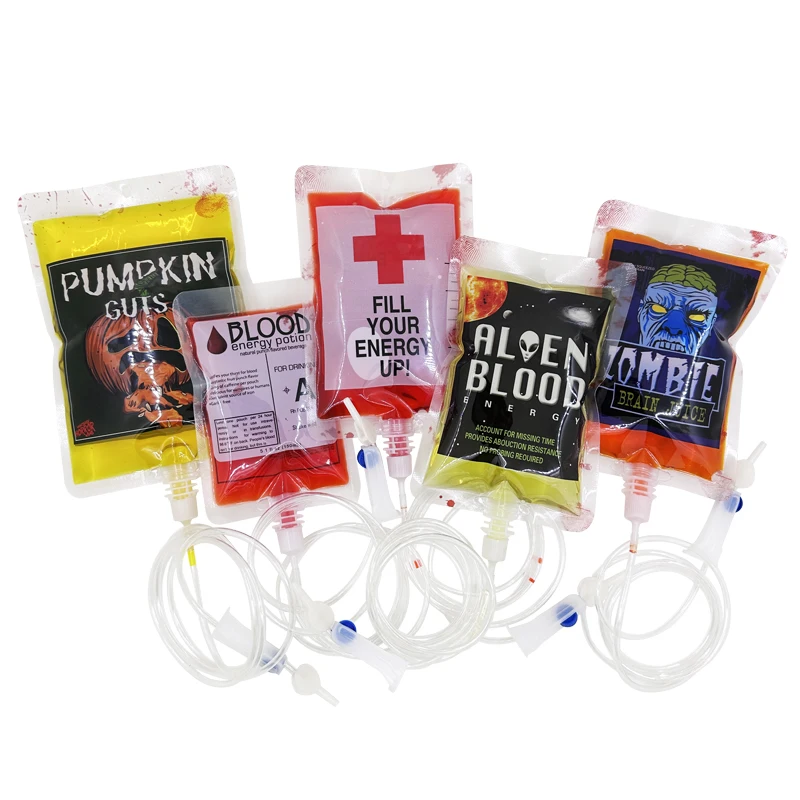 

150-350 ml Halloween Blood Bag 350ml Double Tube Infusion Juice Drink Bag Sticker Spoof Vampire DIY Syringe Label Clip Party