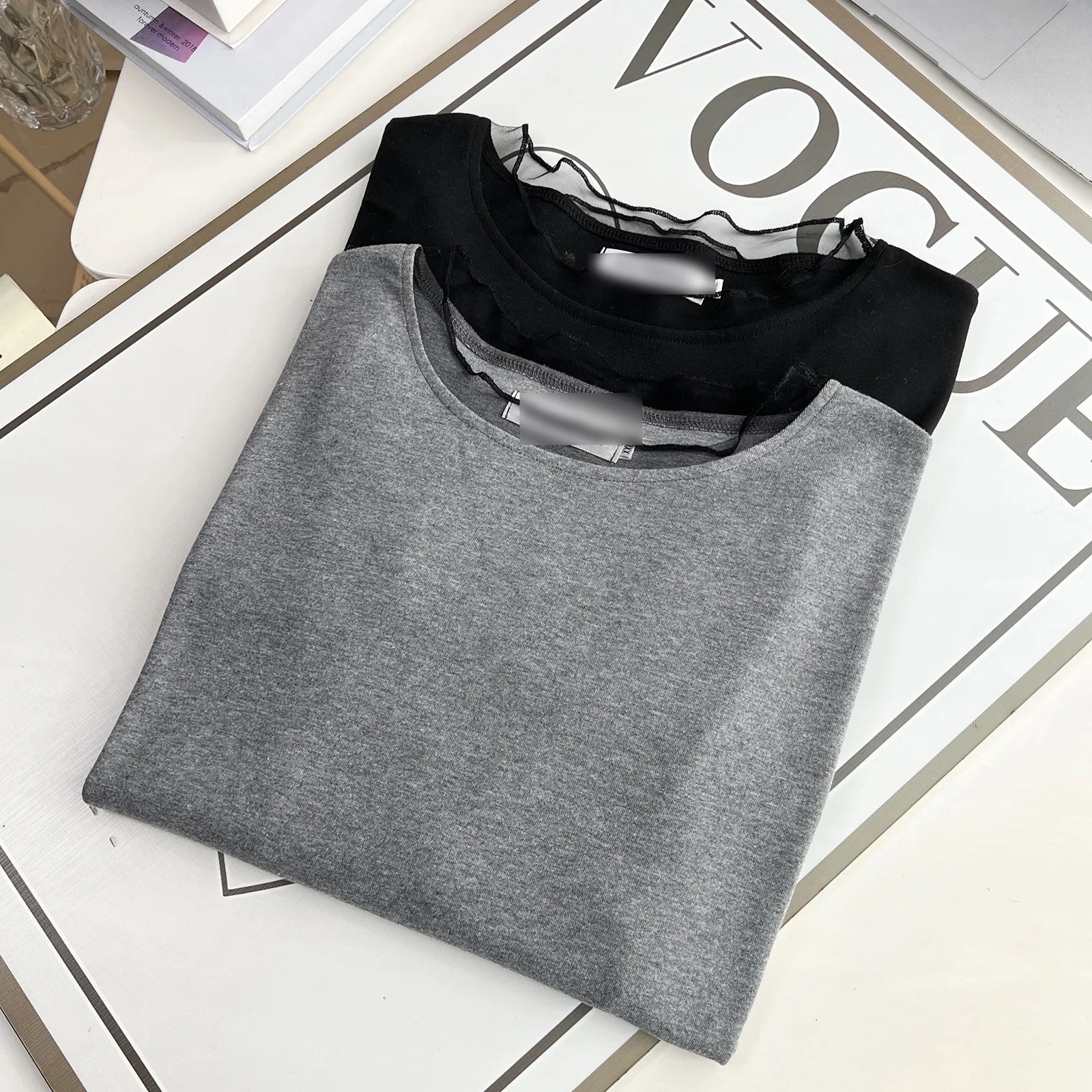 XXXXL Fashion Plus Size Woman Clothing T-Shirt Elegant Mesh Patchwork Collar Long Sleeved Base Casual Tops 1749