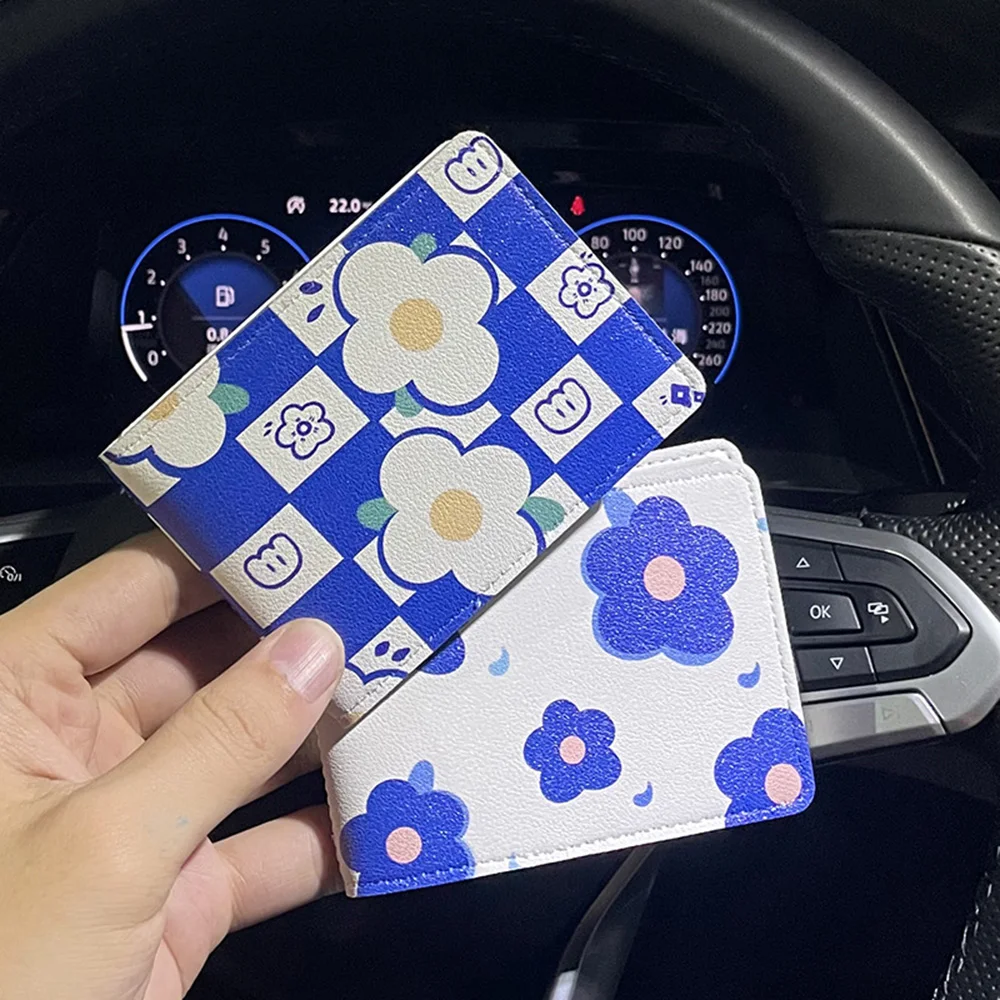 Driver License Leather Cover Car Driving Permit Protective Case Business Id Card Holder Blue Flower Multi Card Position Wallet