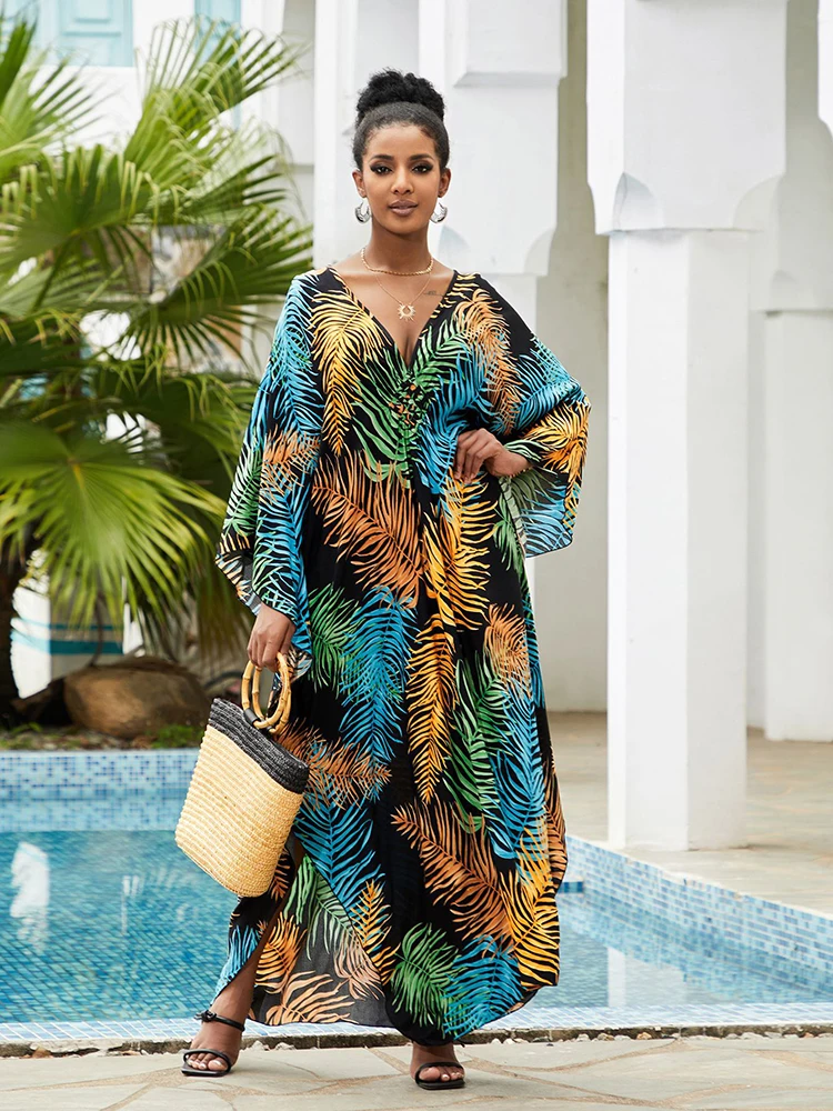 Kaftan Dressese for Women Rayon Plus Boho Dress V neck Beach Robe Maxi Dress Loose Beachwear Bikini Cover Up - AliExpress