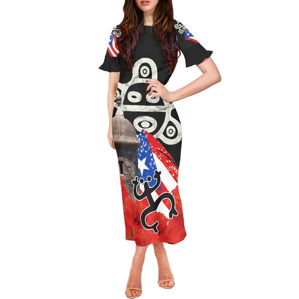 

Bodycon Funny Printed Fabric Ladies Maxi Dresses Polynesian Tribe Short Sleeve O-neck Dresses Women Casual Banquet Clothing