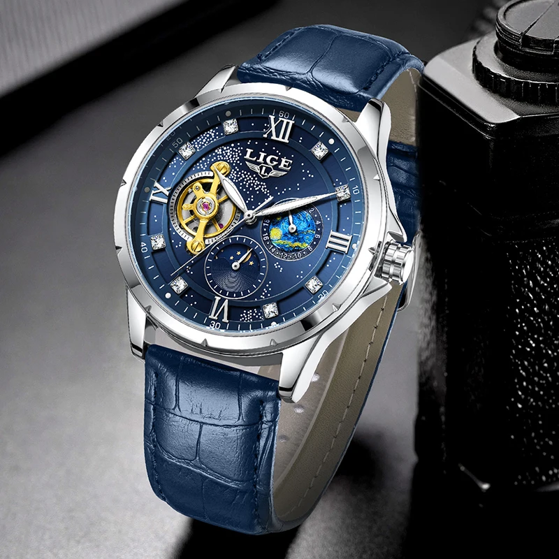 LIGE New Luxury Men's Mechanical Wristwatches Fashion Waterproof Luminous Watch Men Casual Blue Leather Automatic Watch For Men