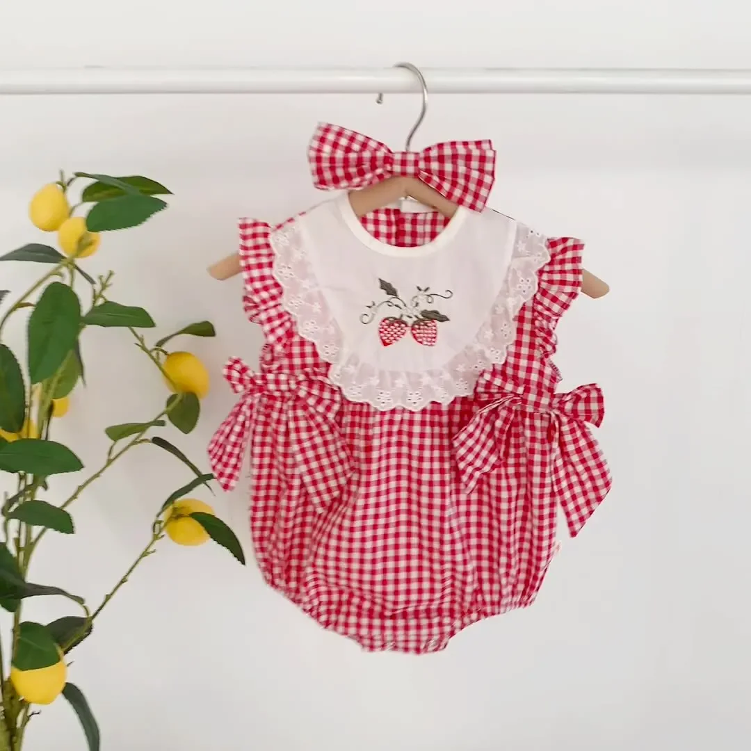 Red Plaid Lightweight Embroidered Lace Cotton Triangle Romper Baby Girl Summer Crawling Suit Footed Onesie