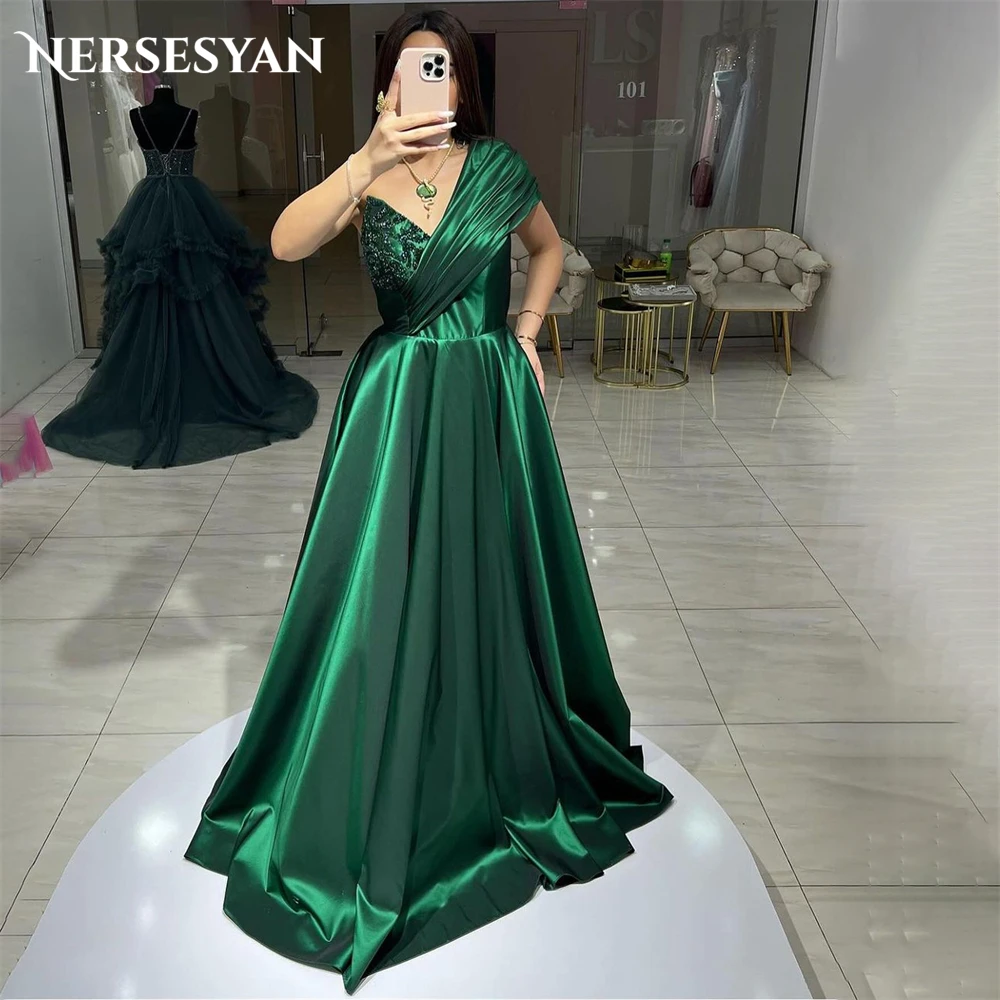 

Nersesyan Glitter Emerald Formal Evening Dresses One Shoulder A-Line Sparkly Lace Prom Dress Beadings Pageant 2024 Party Gowns