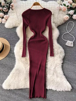SINGREINY Winter Women Knit Maxi Dress O Neck Autumn Long Sleeve Slim Solid Harajuku Ladies Fashion Pencil Sweater Long Dresses 6