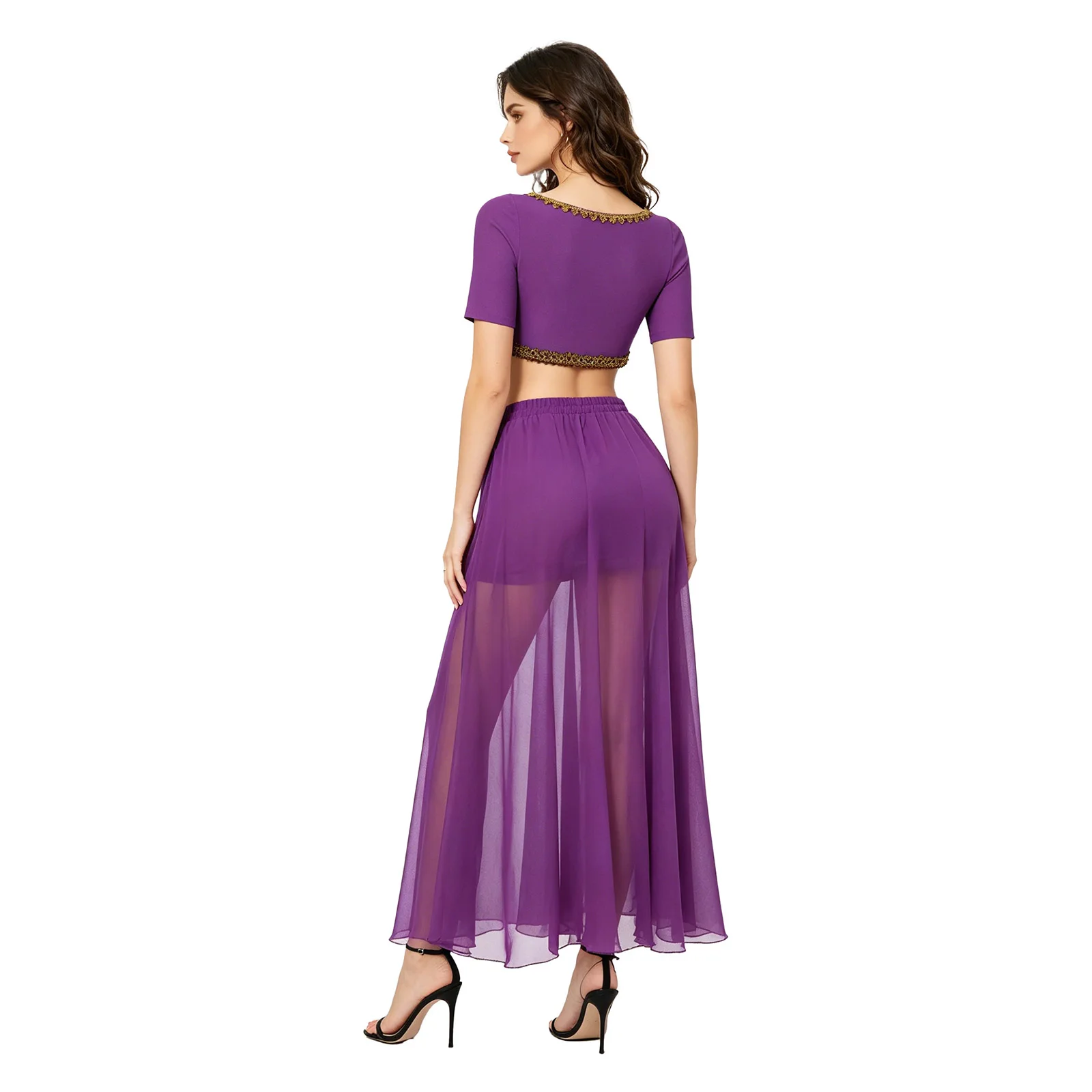 Bauchtanz-Outfit für Damen, Tanzkleidung, bauchfreies Top mit V-Ausschnitt und langer Maxirock mit Rüschen, orientalisches Folk-Bauchtanz-Performance-Kostüm – Detail 14