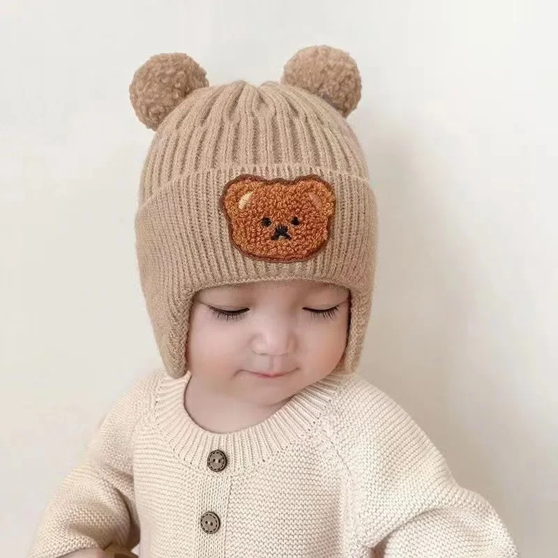 New Baby Warm Hat Cute Bear Double Ball Hat Infant and Toddler Warm Ear Protection Knitted Wool Hat Autumn/Winter 4