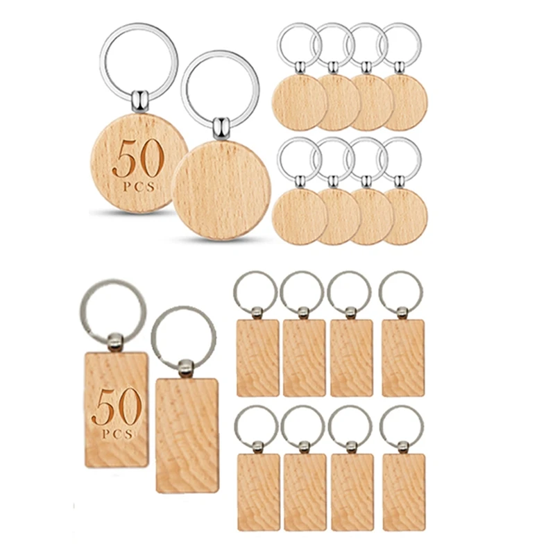 

100 Pcs Wooden Blanks Wood Key Chain DIY Keychain For DIY Crafts(Round+Rectangle)