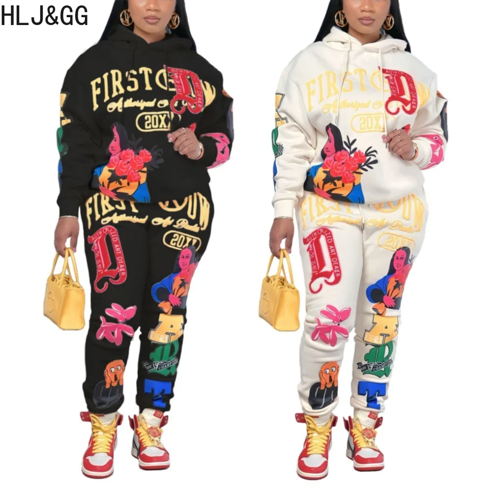 HLJ&GG Winter Letter Graffiti Printing Hooded Two Piece Sets Women Long Sleeve Sweatshirts And Jogger Pants Tracksuits Outfits spring and summer graffiti printing color matching skirt summer high waist type a long skirt for women