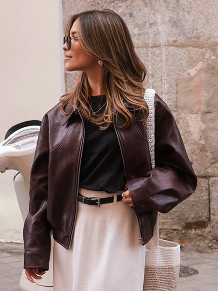 Chic Burgundy Cropped Leather Jacket For Women Elegant Lapel V Neck Long Sleeve Pockets Short Coat 2024 Female Fashion Outerwear 6