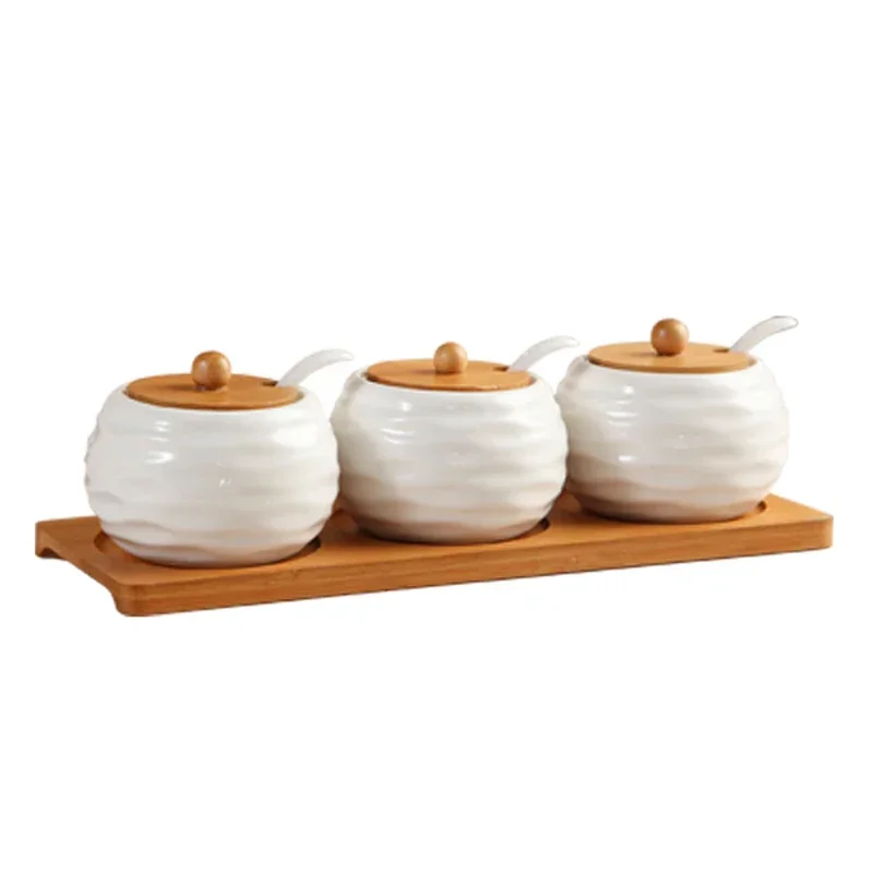 Ceramic Seasoning Pot spice container ceramic condiment pot Seasoning Box Wooden Tray Bottle Sugar Bowl Household Salt Pan with Spoon Kitchen Supplies