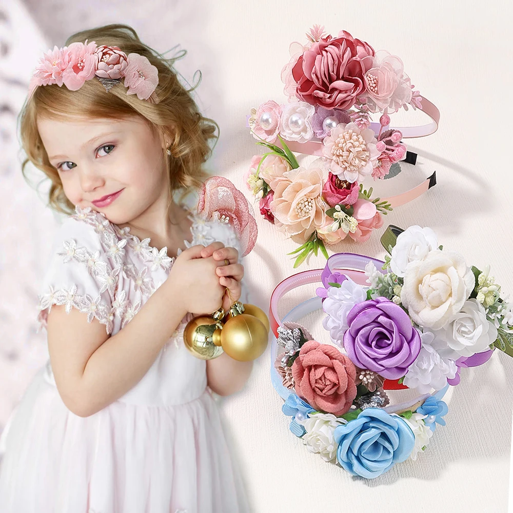 

Handmade Head Flower Girls Headbands Baby Hairband Pearl Feather Wedding Princess Kids Dance Party Headwear Newborn Accessories