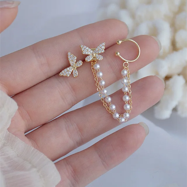 Korean Elegant Cute Rhinestone Butterfly Stud Earrings for Women Girls Fashion Metal Chain Jewelry Gifts 2