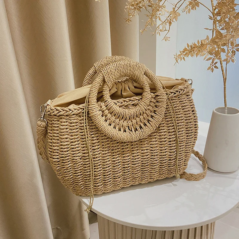 Women Summer Beach Weave Beach Bag Woven Bucket Bag Casual Handbags Popular Handmade Braided Basket Vacation Straw Clutch Totes